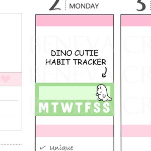 May include: A green and pink habit tracker sticker with a dinosaur illustration and the text "DINO CUTIE HABIT TRACKER" and "MTWTFSS". The sticker is labelled "Unique", "Cute", and "Only available here".
