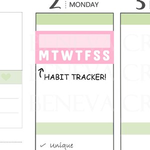May include: A pink and green habit tracker sticker with the text "MTWTFSS" and "HABIT TRACKER!"  The sticker is designed for a planner or journal.  The sticker is unique, cute, and only available here.
