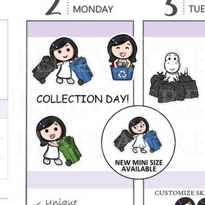 May include: A set of stickers featuring a cartoon character holding a recycling bin. The stickers are available in a new mini size. The text "Collection Day!" is written below the stickers. The text "Customize Skin & Hair" is written above a row of stickers featuring different skin tones and hair colours.