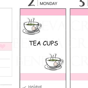 May include: Two hand-drawn sticker designs of teacups with steam coming from the top. The stickers are on a white background with pink accents. The text "TEA CUPS" is written in black below the stickers. The text "Unique", "Cute", and "Only available here" is written in black below the text "TEA CUPS".