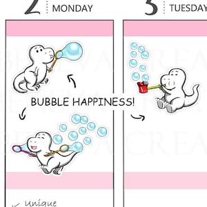 May include: Two sticker designs featuring a white dinosaur blowing bubbles. The first sticker shows the dinosaur blowing a large bubble with a smaller bubble behind it. The second sticker shows the dinosaur blowing a smaller bubble with a bucket of soapy water. Both stickers have the text "BUBBLE HAPPINESS!" and are on a pink background.