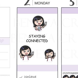 May include: Two sticker designs featuring a cartoon woman on a phone. The first sticker says "Staying Connected" and the second sticker has customizable skin tones and hair colors. The text "Unique, Cute, Only available here" is listed below the first sticker.