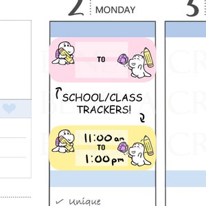 May include: Two printable planner stickers featuring a cute cartoon dinosaur with a backpack and pencil. The stickers are designed for school or class trackers and include the text "TO" and "11:00 am to 1:00 pm".