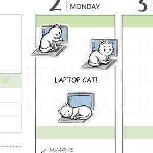 May include: Three sticker designs featuring a white cat on a laptop. The cat is in different poses, including typing, looking at the screen, and sleeping. The stickers are labeled "Laptop Cat!" and are described as unique, cute, and only available here.