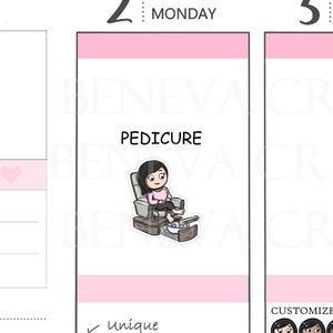 May include: A pink and white sticker sheet with a cartoon illustration of a person getting a pedicure. The sticker sheet includes the text "Pedicure" and "Only available here".