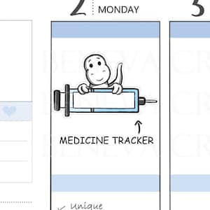 Peut inclure: Un autocollant représentant un dinosaure de dessin animé tenant une seringue avec une flèche pointant vers le haut et le texte "MEDICINE TRACKER". L'autocollant est sur un fond bleu et blanc avec le texte "Unique", "Cute" et "Only available here" listé ci-dessous. L'autocollant fait partie d'un ensemble d'autocollants dessinés à la main pour un planificateur ou un journal.