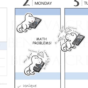 Könnte beinhalten: Zwei handgezeichnete Aufkleber mit einem Cartoon-Dinosaurier mit einem Taschenrechner. Der Dinosaurier trägt eine Mütze und hält einen Taschenrechner. Der Text auf den Aufklebern lautet "Math Problems!" und "Y=1/(1+x2)".