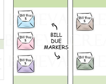 May include: A set of four hand-drawn stickers featuring envelopes with the text "Bill Due $." The stickers are in various colors, including blue, pink, and green. The stickers are labeled "Bill Due Markers" and are described as unique and cute. The stickers are only available here.