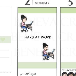 May include: A digital planner sticker sheet with two illustrations of a woman working on a laptop. The sticker sheet is labeled "Hard at Work" and includes the text "Unique", "Cute", and "Only available here". The sticker sheet also includes options to customize skin tone and hair color.