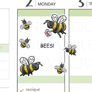 May include: A collection of hand-drawn bee stickers featuring yellow and black striped bodies and white wings. One bee holds a pink flower. The text reads: All Original Artwork, Hand-Drawn Stickers by Beneva Creations, BEES!, Unique, Cute, Only available here.