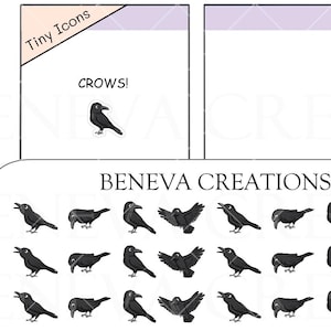 May include: Sheet of black crow stickers with various poses, including flying and perched. The sheet is labeled "BENEVA CREATIONS TI-103" and includes the text "CROWS!" and "Tiny Icons". The calendar page shows the days Monday and Tuesday.