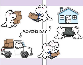 Peut inclure: Un ensemble d'autocollants dessinés à la main représentant un personnage de dessin animé blanc déplaçant des boîtes, un camion, une maison et une télévision. Les autocollants sont étiquetés "Moving Day" et font partie d'une collection appelée "Beneva Creations".
