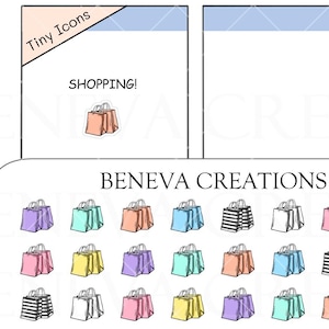 Puede incluir: Pegatinas para planificador con iconos de bolsas de la compra en varios colores, como rosa, azul, amarillo y morado. Incluye el texto "SHOPPING!" y la marca "BENEVA CREATIONS".