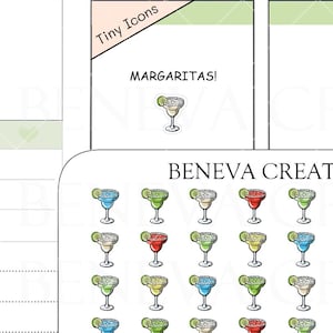 May include: A sheet of planner stickers featuring margarita cocktail illustrations in various colors. The stickers are designed with a lime wedge garnish and salt rim. The text "MARGARITAS!" is also present.