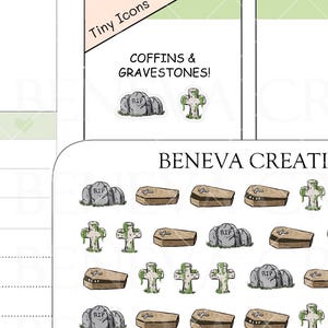 May include: Sheet of planner stickers featuring tiny icons of coffins, gravestones, and crosses. The stickers are in shades of gray, brown, and green. The text "COFFINS & GRAVESTONES!" is visible. The brand name "BENEVA CREATIONS" is also visible.