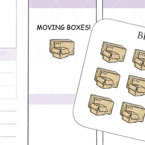 May include: A sheet of planner stickers featuring illustrations of moving boxes. The stickers are in shades of brown and beige, with the text "MOVING BOXES!" above a small box illustration. The sheet also has the text "BENEVA CREATIONS" and "DL-327".