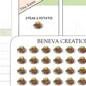 Puede incluir: Una hoja de pegatinas etiquetada BENEVA CREATIONS TI-141 con cuarenta pegatinas circulares pequeñas. Cada pegatina muestra un filete a la parrilla marrón con una patata amarilla y una hierba verde en un plato blanco. El texto dice STEAK & POTATO!
