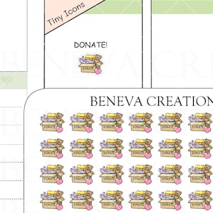 May include: A sticker sheet labelled BENEVA CREATIONS TI-137 featuring forty individual stickers of a brown cardboard box filled with folded colourful clothing and a teddy bear, with the word DONATE printed on the box and a small pink heart.