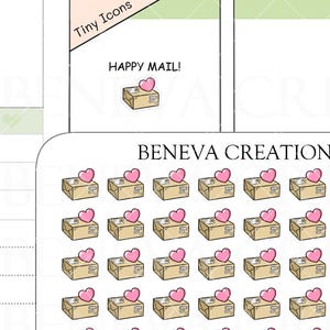 May include: A sticker sheet from Beneva Creations labelled TI-151, featuring forty individual stickers of a tan cardboard shipping box with a pink heart on top. The stickers are arranged in a grid pattern on a white rectangular backing sheet.