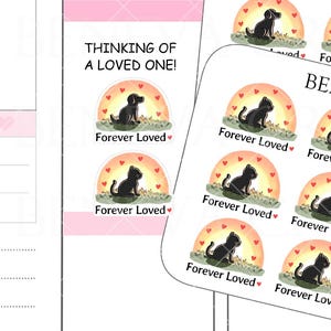 May include: Two sheets of rectangular stickers labeled BENEVA CREATIONS DL-349A and DL-349B. Each sheet features multiple circular stickers showing a black dog sitting on green grass in front of a sunset with the text Forever Loved and a small heart.