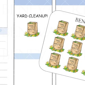 May include: A sticker sheet featuring fourteen individual illustrations of brown paper yard waste bags sitting on piles of green and yellow leaves. The text "BENEVA CREATIONS" and "DL-344" is printed on the sheet, with each bag labeled "YARD WASTE".
