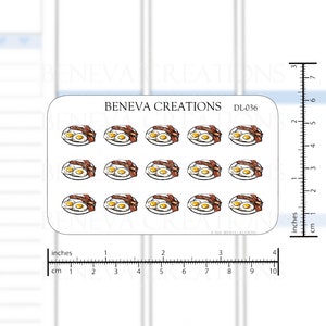 May include: A sheet of 12 stickers featuring a cartoon illustration of a plate of eggs and bacon. The stickers are approximately 1 inch in diameter.