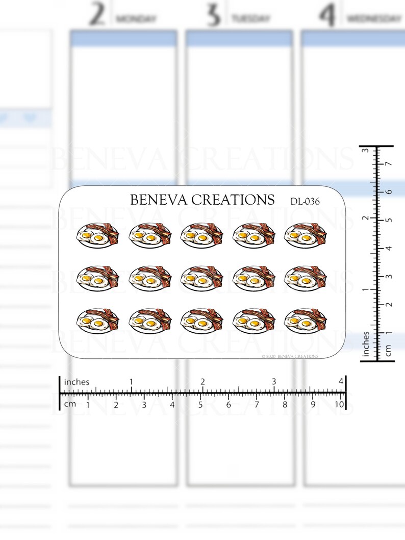 May include: A sheet of 12 stickers featuring a cartoon illustration of a plate of eggs and bacon. The stickers are approximately 1 inch in diameter.