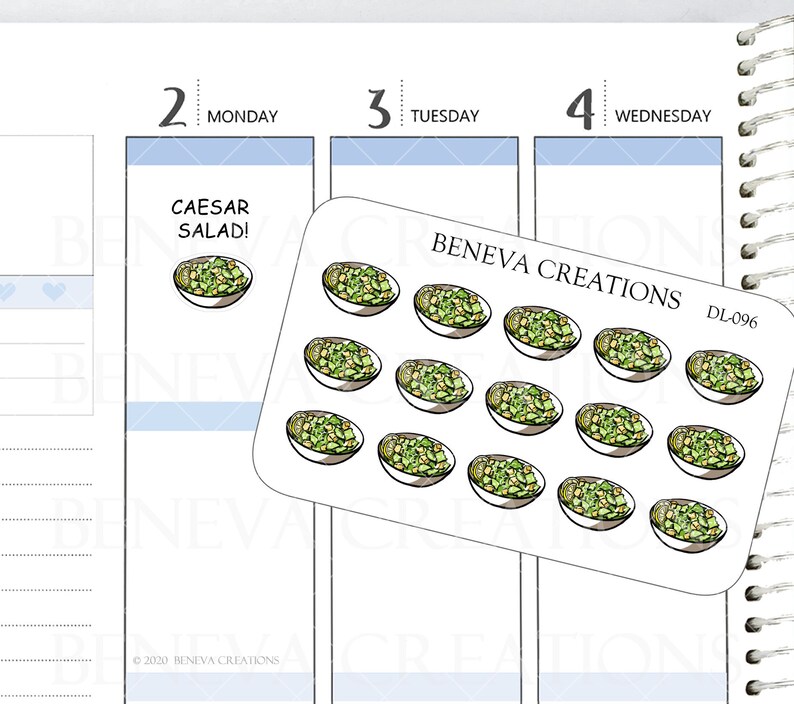 Pu&ograve; includere: Un foglio di adesivi con 12 illustrazioni di ciotole di insalata. Gli adesivi sono bianchi con contorni neri e sono etichettati "Beneva Creations" e "DL-096".