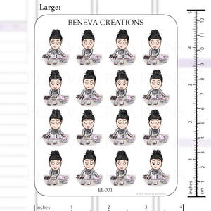 May include: A set of nine digital planner stickers featuring a cartoon character working at a desk with a variety of colorful items. The stickers are designed for use in digital planners and are available in a large size.