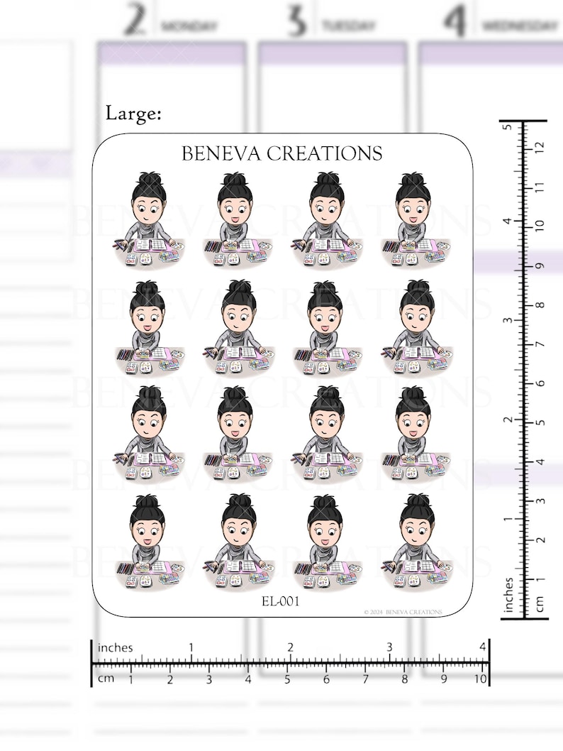 May include: A set of nine digital planner stickers featuring a cartoon character working at a desk with a variety of colorful items. The stickers are designed for use in digital planners and are available in a large size.