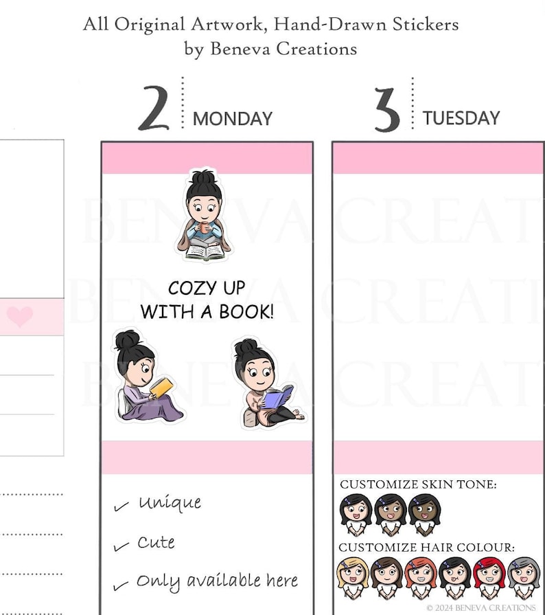 Może przedstawiać: Naklejki do planera z ręcznie rysowanymi ilustracjami Beneva Creations. Naklejki przedstawiają ilustracje osoby czytającej z tekstem "COZY UP WITH A BOOK!" oraz opcjami dostosowywania odcienia sk&oacute;ry i koloru włos&oacute;w. Naklejki są unikalne i urocze.