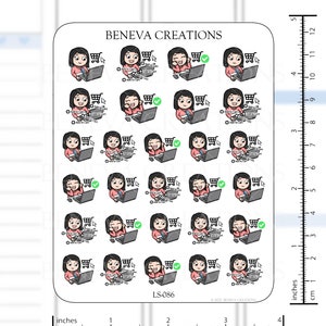 May include: A sheet of 16 colorful stickers featuring a cartoon woman sitting at a laptop computer with a shopping cart icon. The stickers are designed for use in a planner or journal. The text "Add to Cart" is repeated on each sticker.