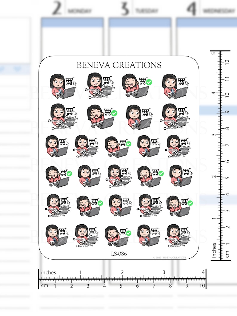 May include: A sheet of 16 colorful stickers featuring a cartoon woman sitting at a laptop computer with a shopping cart icon. The stickers are designed for use in a planner or journal. The text "Add to Cart" is repeated on each sticker.