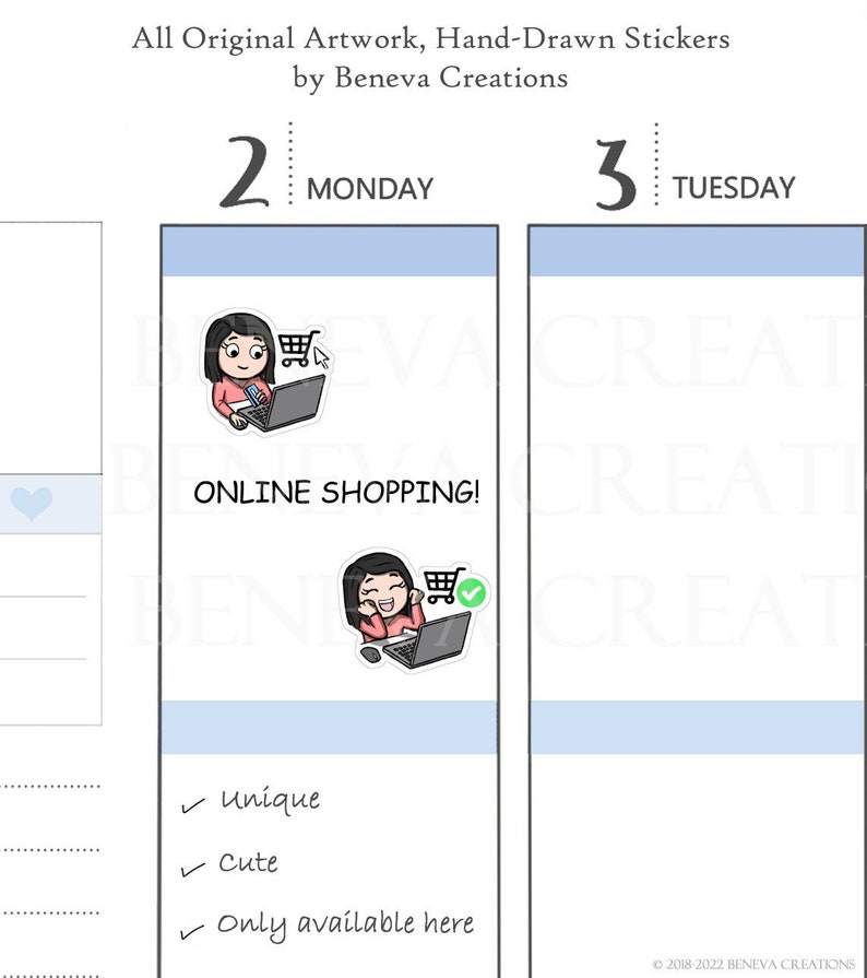 May include: A planner page with a blue background and the words "MONDAY" and "TUESDAY" at the top. The left side of the page has a cartoon illustration of a person shopping online. The right side of the page is blank. The text "ONLINE SHOPPING!" is below the illustration. The text "Unique", "Cute", and "Only available here" are listed below the text "ONLINE SHOPPING!"