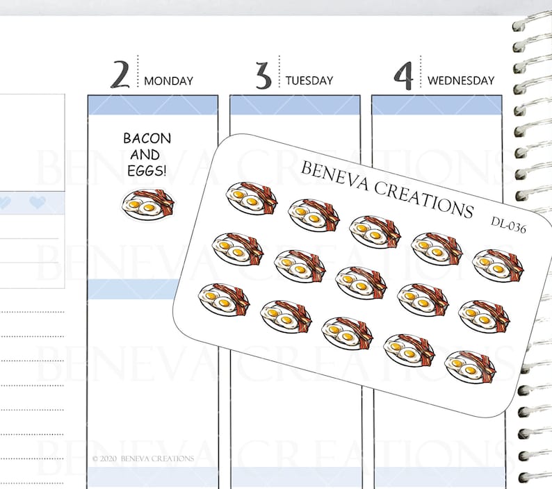 May include: A sheet of stickers featuring 12 illustrations of bacon and eggs on a plate. The stickers are white with black outlines and are labeled "Beneva Creations DL-036".