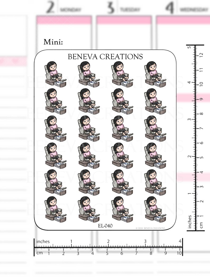 May include: A sheet of 16 stickers featuring a cartoon illustration of a person getting a pedicure. The stickers are arranged in a 4x4 grid. The stickers are approximately 2.5 cm in size.