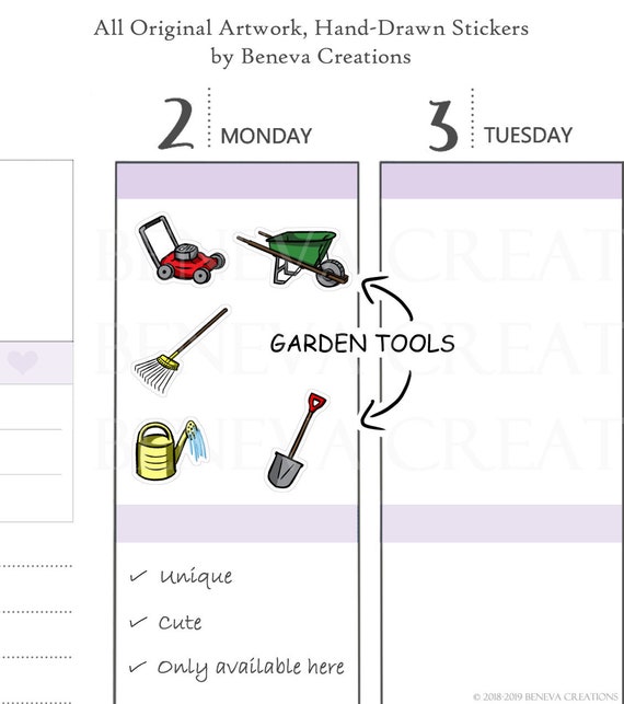 Garden Tools Stickers - Gardening Equipment - Raking Stickers - Gardening Stickers - Watering Stickers- Cleanup- Planner Stickers - (HG-008)