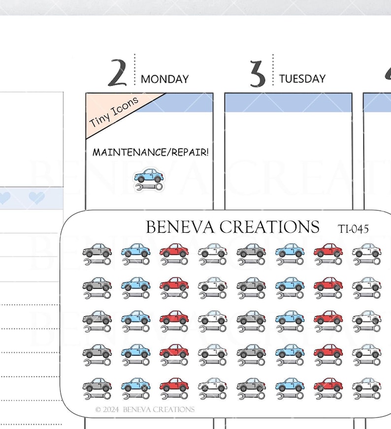 May include: A sheet of 36 tiny car repair stickers. The stickers are in various colours, including grey, blue, red, and white. Each sticker features a small car with a spanner underneath. The stickers are labelled "Tiny Icons" and "TI-045".