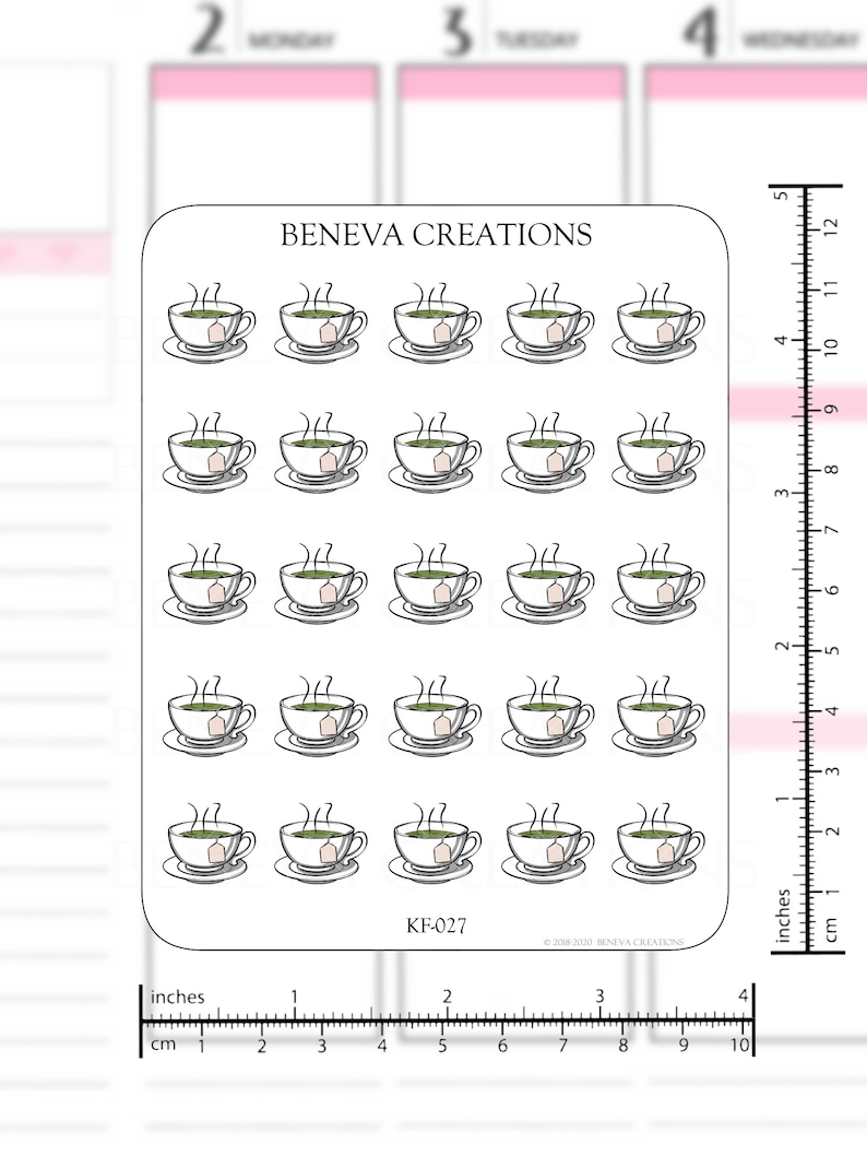 May include: A sheet of 24 black and white teacup stickers with a steaming cup of tea and a tea bag. The stickers are on a white background with a ruler in inches and centimeters.