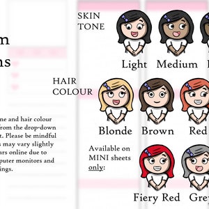 May include: A chart with illustrations of different skin tones and hair colours for customising a character. The skin tones are light, medium, and dark. The hair colours are blonde, brown, red, black, fiery red, and grey. The text says "Custom Options" and "Select the skin tone and hair colour of your choosing from the drop-down menus on the right. Please be mindful that actual colours may vary slightly from what appears online due to differences in computer monitors and settings."