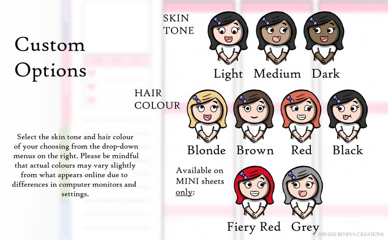 May include: A chart with illustrations of different skin tones and hair colours for customising a character. The skin tones are light, medium, and dark. The hair colours are blonde, brown, red, black, fiery red, and grey. The text says "Custom Options" and "Select the skin tone and hair colour of your choosing from the drop-down menus on the right. Please be mindful that actual colours may vary slightly from what appears online due to differences in computer monitors and settings."