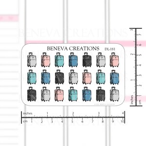 May include: A sheet of 16 stickers featuring various colored suitcases. The stickers are approximately 1 inch in size and are perfect for planners, journals, and laptops.