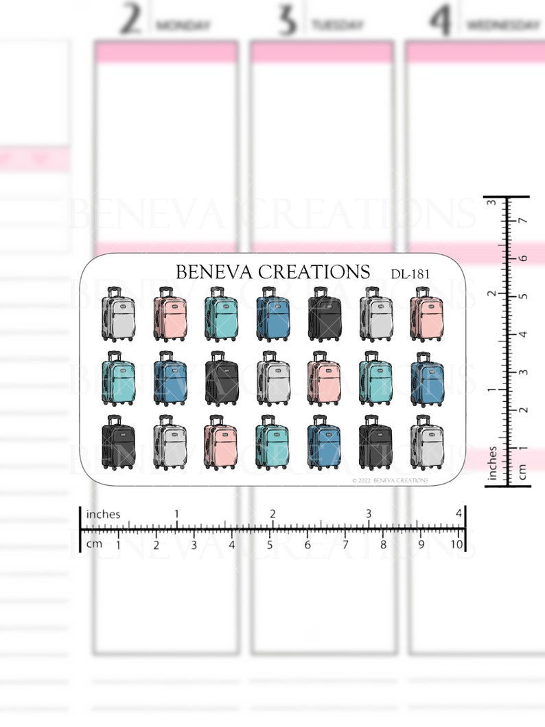 May include: A sheet of 16 stickers featuring various colored suitcases. The stickers are approximately 1 inch in size and are perfect for planners, journals, and laptops.