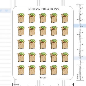May include: A sheet of 18 brown paper bag stickers with a variety of fruits and vegetables inside. The stickers are approximately 1 inch in size and are perfect for adding a touch of whimsy to your planner or journal.