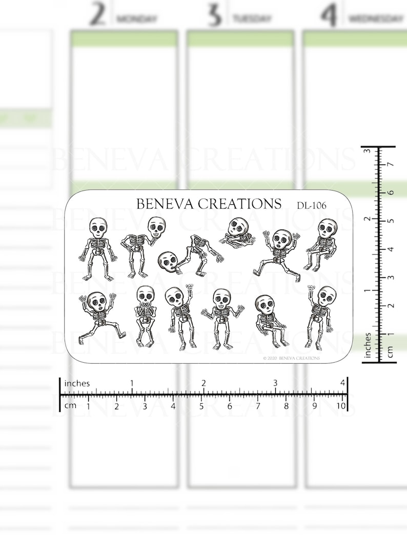 May include: A sticker sheet featuring various cartoon skeletons in different poses. The skeletons are black and white and have a playful design. The sheet includes the text "BENEVA CREATIONS" and "DL-106". The sticker sheet is approximately 4 inches wide.