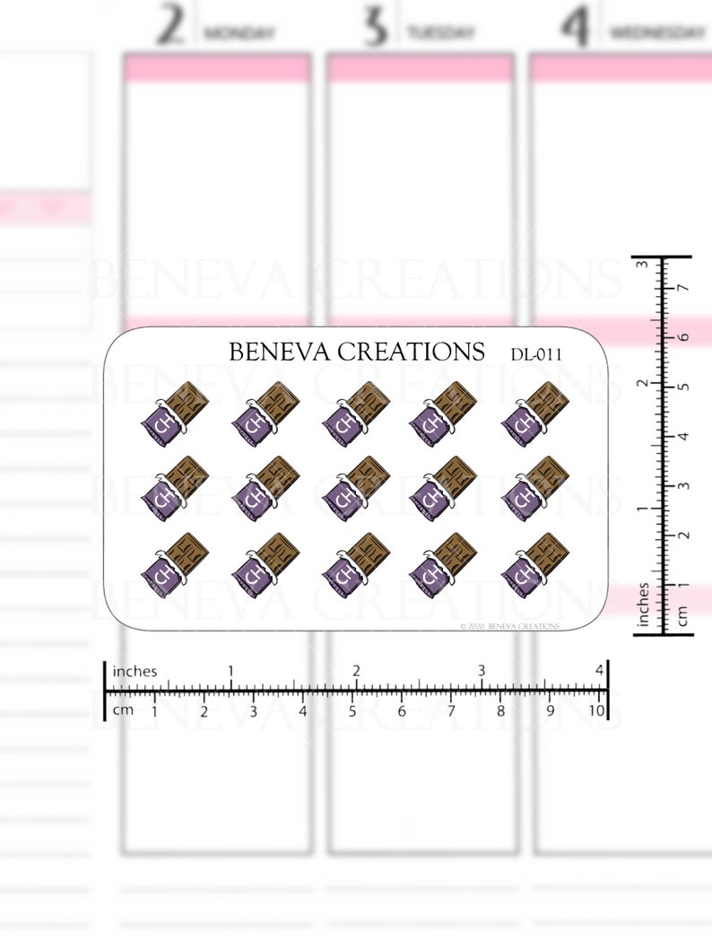 May include: A sheet of 12 stickers featuring a cartoon illustration of a chocolate bar with the text "CH" on it. The stickers are printed on white paper and are approximately 1 inch in size.