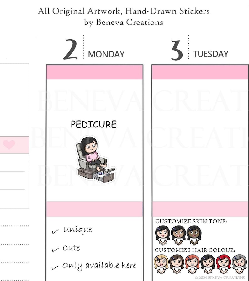 May include: A pink and white sticker sheet with a cartoon illustration of a person getting a pedicure. The sticker sheet includes the text "Pedicure" and "Only available here".