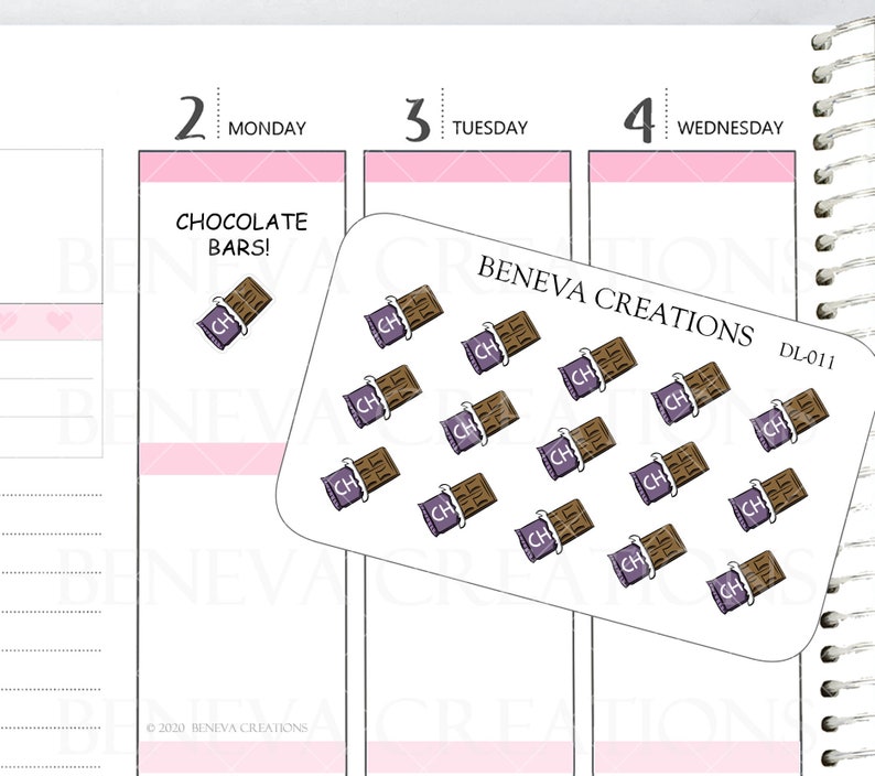 May include: A sheet of stickers featuring 15 chocolate bar illustrations. Each sticker has a purple wrapper with the letter "CH" in white. The chocolate bars are brown with a white wrapper. The sheet is labeled "BENEVA CREATIONS DL011".