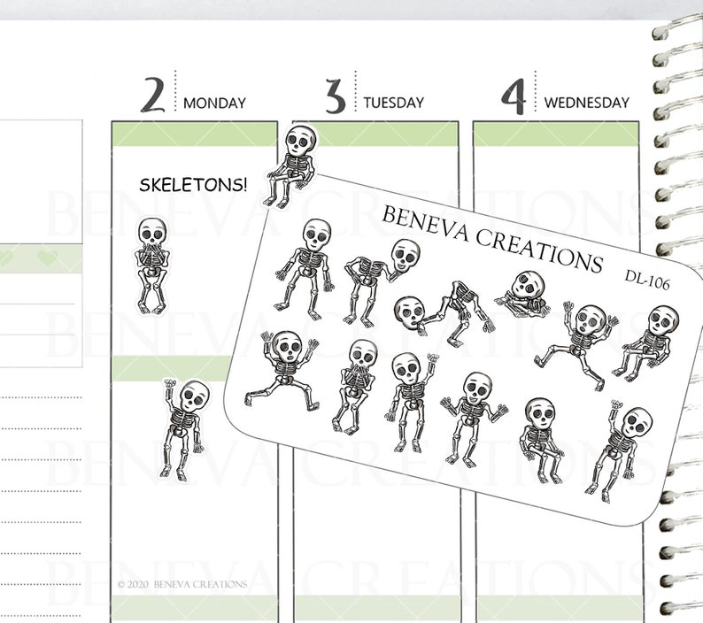 May include: Black and white skeleton stickers in various poses, including sitting, waving, and dancing. The stickers are on a white background with the text "SKELETONS!" and "BENEVA CREATIONS". The stickers are perfect for Halloween or spooky-themed crafts.