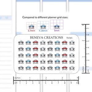May include: A sheet of car stickers with a blue, red and grey colour scheme. The stickers feature cars with wrenches underneath them. The sheet is labelled "BENEVA CREATIONS TI-045".